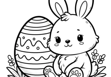 Knuffiges Osterhäschen neben Osterei als Ausmalbild (Kostenlos)