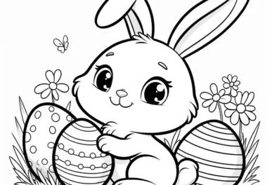 Niedlicher Osterhase mit Ostereiern auf Blumenwiese: Kostenlose Malvorlage