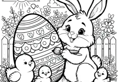 Osterhase mit flauschigen Küken und großem Osterei im Garten: Ausmalbild (Kostenlos)