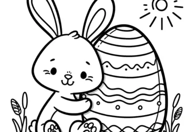 Fröhlicher Osterhase mit riesigem Osterei: Malvorlage für Kinder zum Download (Gratis)