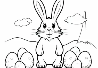 Osterhase staunt über viele Ostereier zum Bemalen: Ausmalbild zum Herunterladen (Kostenlos)