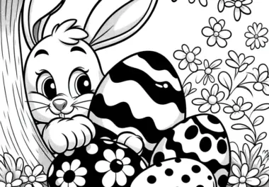 Osterhase versteckt sich hinter Ostereiern: Malvorlage zum Download (Gratis)