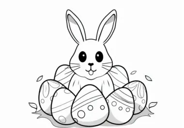 Osterhase zwischen Ostereiern: Einfaches Ausmalbild für Kinder (Gratis)