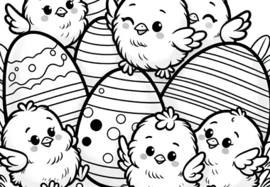 Flauschige Küken zwischen bunten Ostereier: Kostenloses Ausmalbild