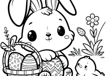 Niedlicher Osterhase mit Osterkorb und Küken: Gratis Malvorlage