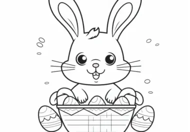 Osterhase füllt Osterkorb mit Ostereier: Einfaches Ausmalbild zum Herunterladen (Gratis)