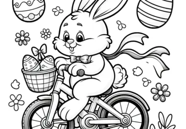Osterhase mit Fahrrad und Osterkorb voller Ostereier: Malvorlage (Kostenlos)