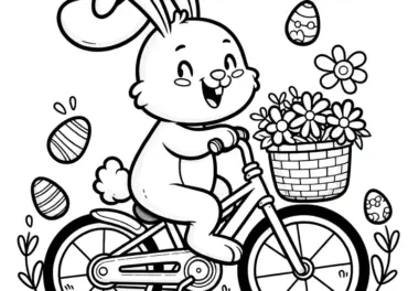 Fröhlicher Osterhase auf Fahrrad mit Osterkorb: Kostenloses Ausmalbild