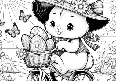 Osterhasendame auf dem Fahrrad mit Osterkorb: Schönes Ausmalbild zum Download (Gratis)