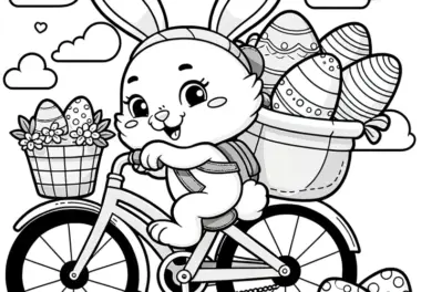 Niedlicher Osterhase mit Osterkörben auf Fahrrad: Ausmalbild kostenlos herunterladen