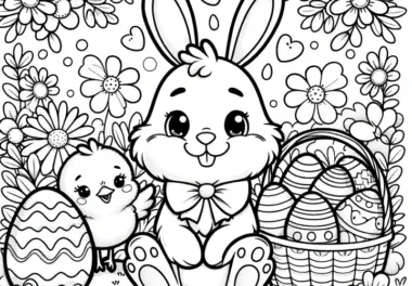 Osterkorb mit Osterhase, Küken, Ostereiern und vielen Blüten: Malvorlage (Kostenlos)