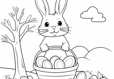 Osterkorb und Osterhase in Naturlandschaft: Ausmalbild (Kostenlos)