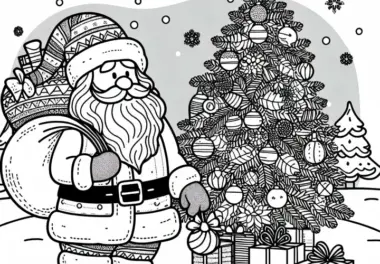 24. Dezember: Weihnachtsmann mit Geschenksack vor geschmücktem Baum – Ausmalbild für den Adventskalender