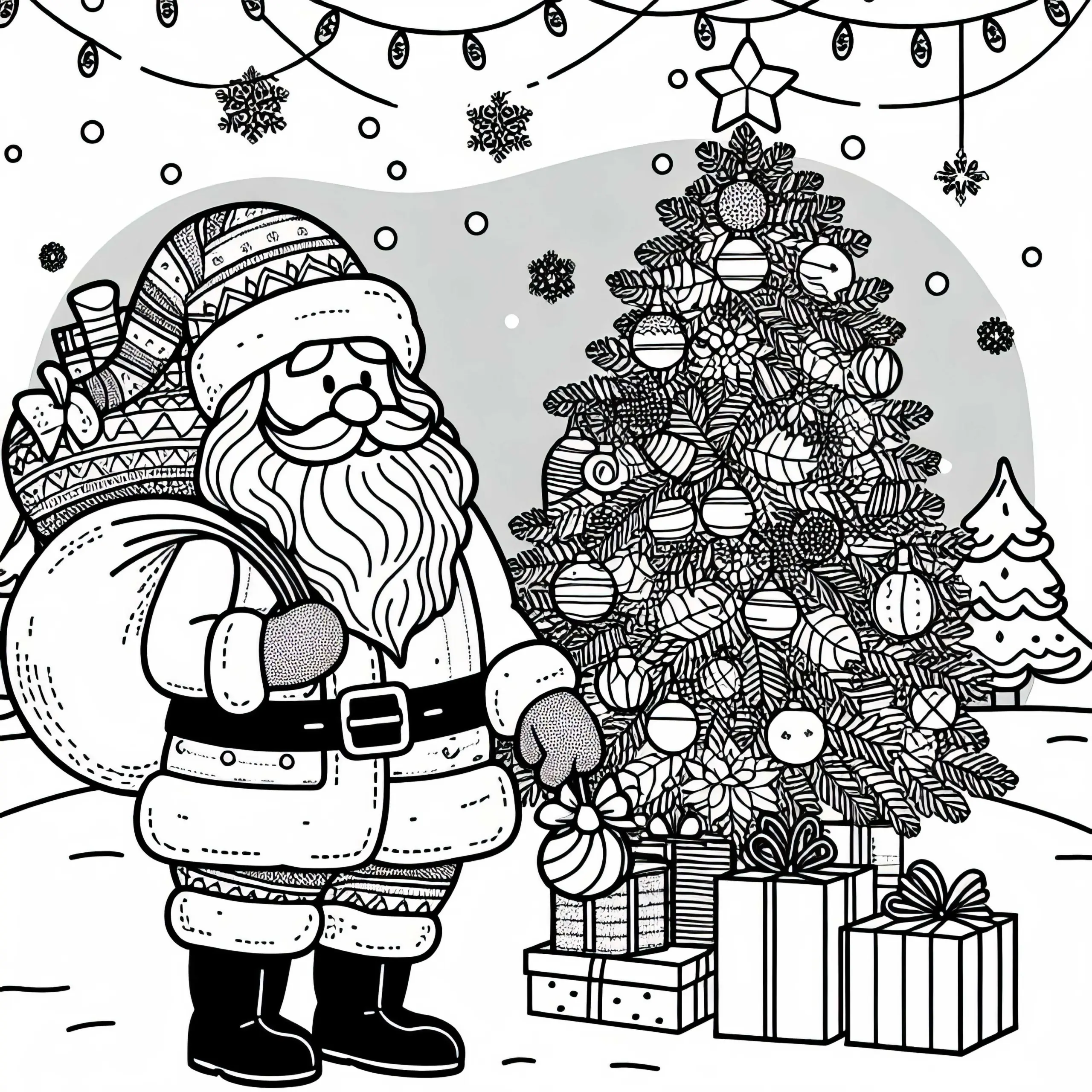 24. Dezember: Weihnachtsmann mit Geschenksack vor geschmücktem Baum – Ausmalbild für den Adventskalender