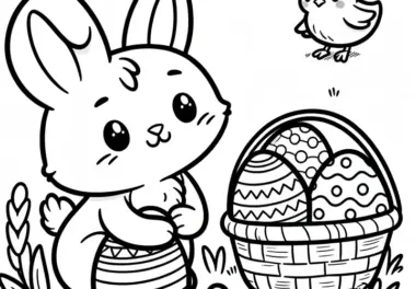 Kleiner Osterhase mit Osterkorb, Ostereier und Küken: Einfache Malvorlage für Kinder (Gratis)