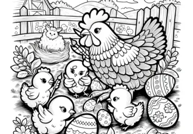 Henne und Osterküken mit Ostereiern auf Bauernhof: Ausmalbild zum Download (Gratis)