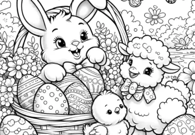 Süßer Osterhase mit Osterkorb, Osterküken, Schaf und Schmetterling: Ausmalbild (Kostenlos)
