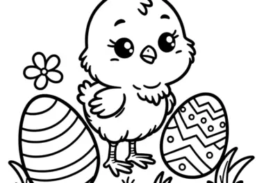 Kleines Osterküken mit zwei Ostereiern: Einfaches Ausmalbild (Kostenlos)