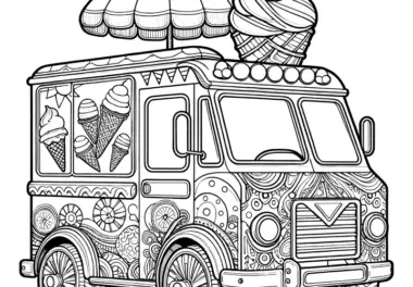 Fantasievolles Eisauto mit Sonnenschirm: Malvorlage zum Download (Gratis)