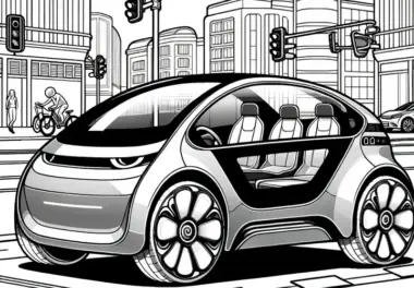 Kleines futuristisches Auto in Stadt: Malvorlage kostenlos herunterladen