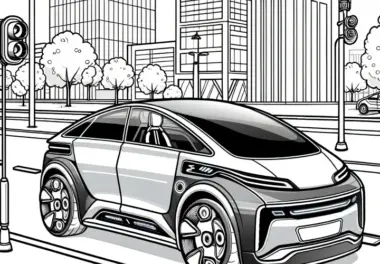 Futuristisches Familienauto mit Panoramadach in Stadt: Ausmalbild kostenlos
