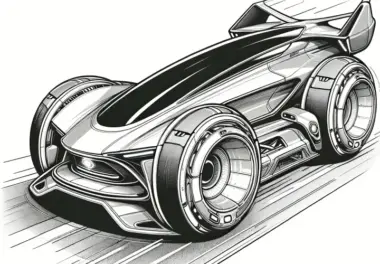 Futuristisches Rennauto mit breiten Reifen: Malvorlage zum kostenlosen Download
