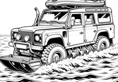 Geländewagen fährt durch Wasser: Malvorlage zum Download (Gratis)