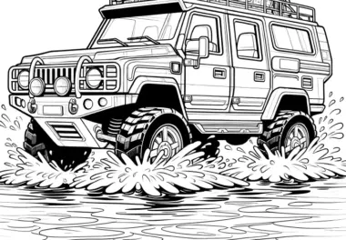 Geländewagen im Wasser: Malvorlage kostenlos zum Download
