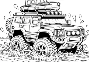 Geländewagen mit Boot auf Dach: Kostenloses Ausmalbild (Gratis)