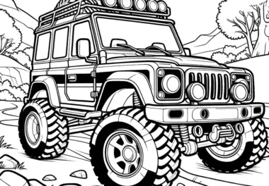 Geländewagen vor Berglandschaft: Malvorlage zum Herunterladen (Kostenlos)