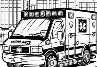 Krankenwagen in Großstadt: Malvorlage zum Herunterladen (Kostenlos)
