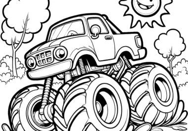 Monstertruck, Bäume und Sonne: Malvorlage für Kinder (Kostenlos)