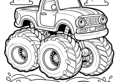 Monstertruck schwebt durch die Luft: Gratis Ausmalbild für Kinder