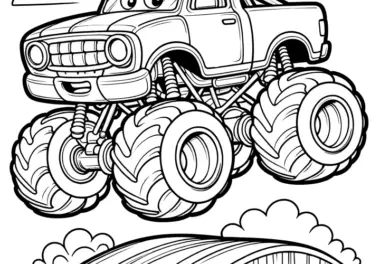Monstertruck springt über Rampe: Kostenlose Malvorlage