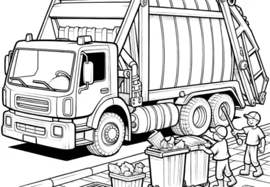 Müllwagen vor Abfalltonnen: Ausmalbild zum Download (Kostenlos)
