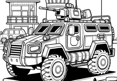 Panzerfahrzeug auf Militärbasis: Ausmalbild zum Herunterladen (Gratis)