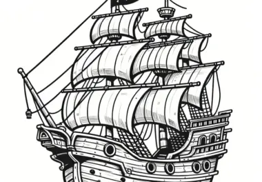 Imposantes Segelschiff mit vielen Segeln zum Ausmalen (Kostenlos)