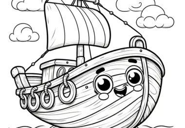 Lachendes Segelschiff mit Augen: Ausmalbild für Kinder (Kostenlos)