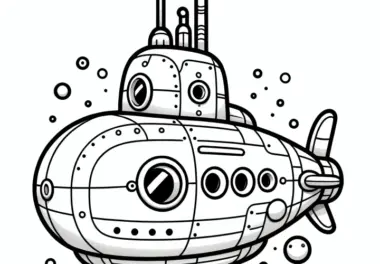Einfaches U-Boot in Unterwasserwelt: Ausmalbild für Kinder zum Herunterladen (Gratis)