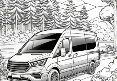 Wohnwagen fährt durch den Wald als Ausmalbild (Kostenlos)