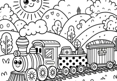 Lustige Spielzeug Eisenbahn in schöner Landschaft: Malvorlage für Kinder (Gratis)