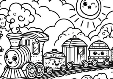 Spielzeug Eisenbahn mit niedlichen Anhängern: Ausmalbild für Kinder (Kostenlos)
