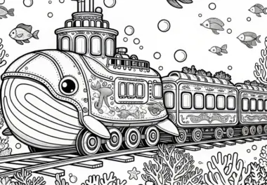 Phantasievoller Unterwasserzug: Ausmalbild für Kinder zum Download (Gratis)
