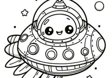 Niedliches Alien in einem UFO: Einfaches Ausmalbild für Kinder (Gratis)