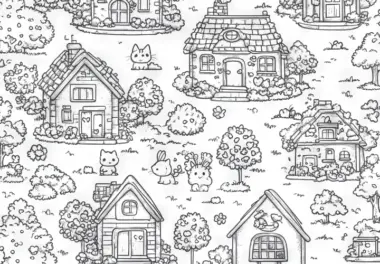 Bäume und Häuser: Wimmelbild zum Ausmalen (Gratis)