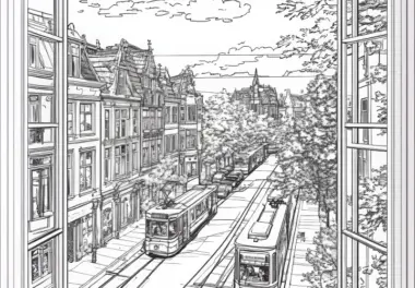 Blick durch ein Fenster auf die Stadt mit Straßenbahn: Wimmelbild zum Herunterladen (Kostenlos)