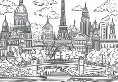 Wimmelbild einer Großstadt mit Eifelturm zum Ausmalen (Gratis)