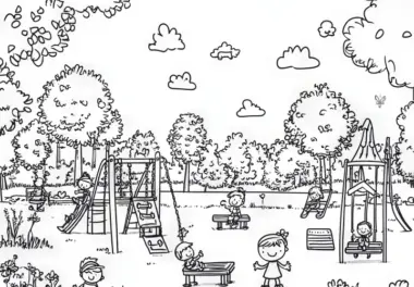 Kinder auf Spielplatz als Wimmelbild: Ausmalbild (Kostenlos)