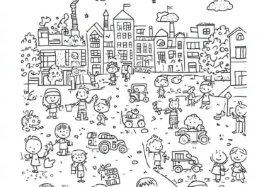 Lebendige Stadt mit vielen Kindern: Wimmelbild zum Ausmalen (Gratis)