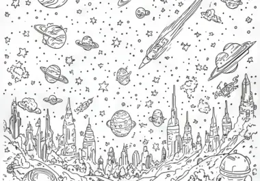 Universum als Wimmelbild: Malvorlage zum Herunterladen (Gratis)